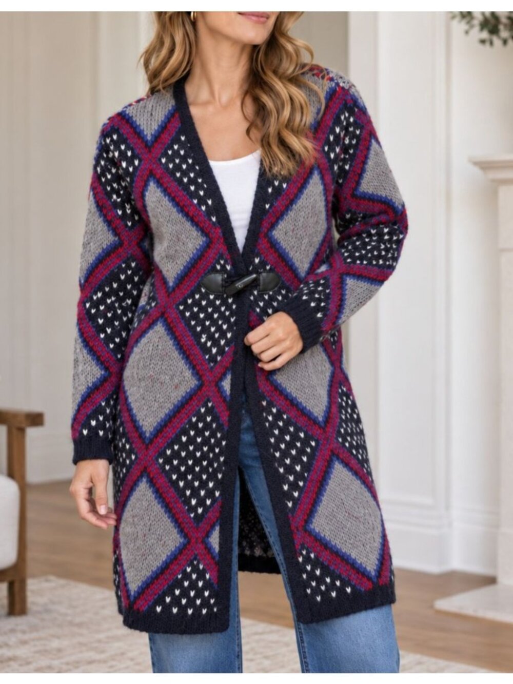 Tommy Hilfiger Women's Long Argyle Fair Isle Knit Cardigan Sweater Coat S NWT